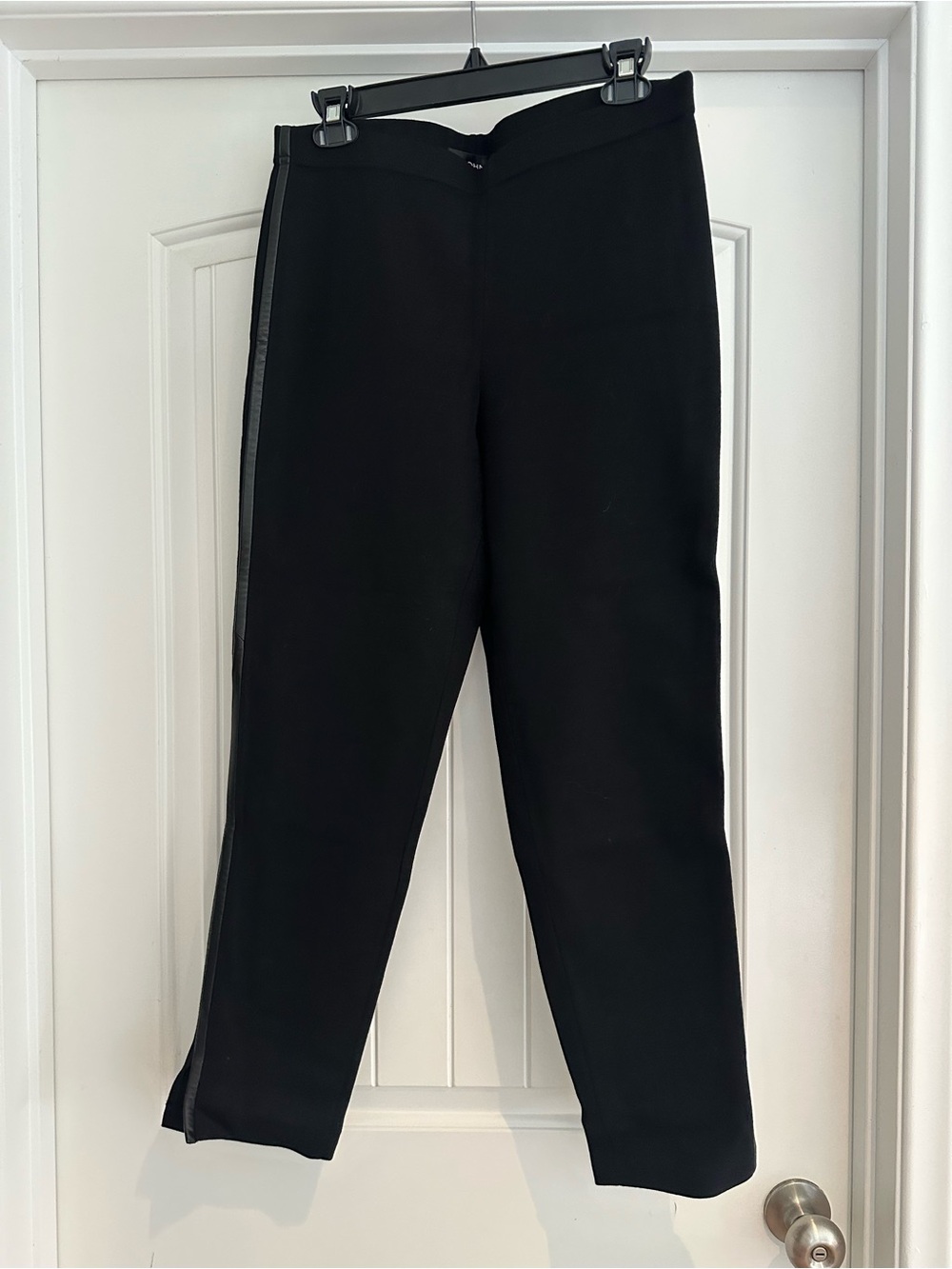 St. John Black Knit Pants with Leather Trim
